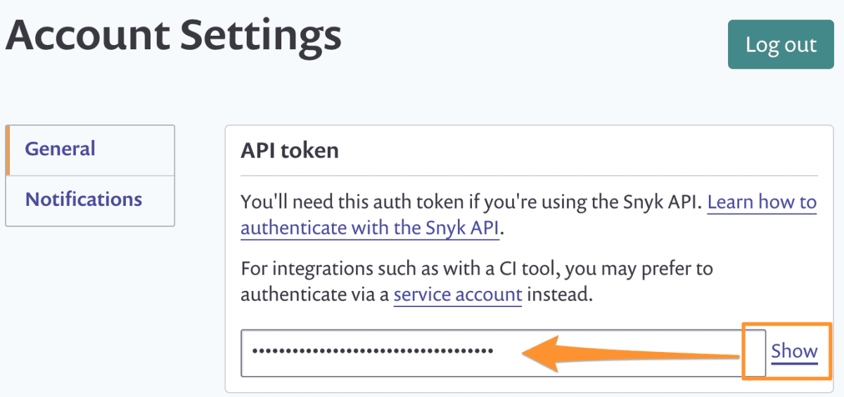 Account Settings page showing a masked API token field and highlighted Show button