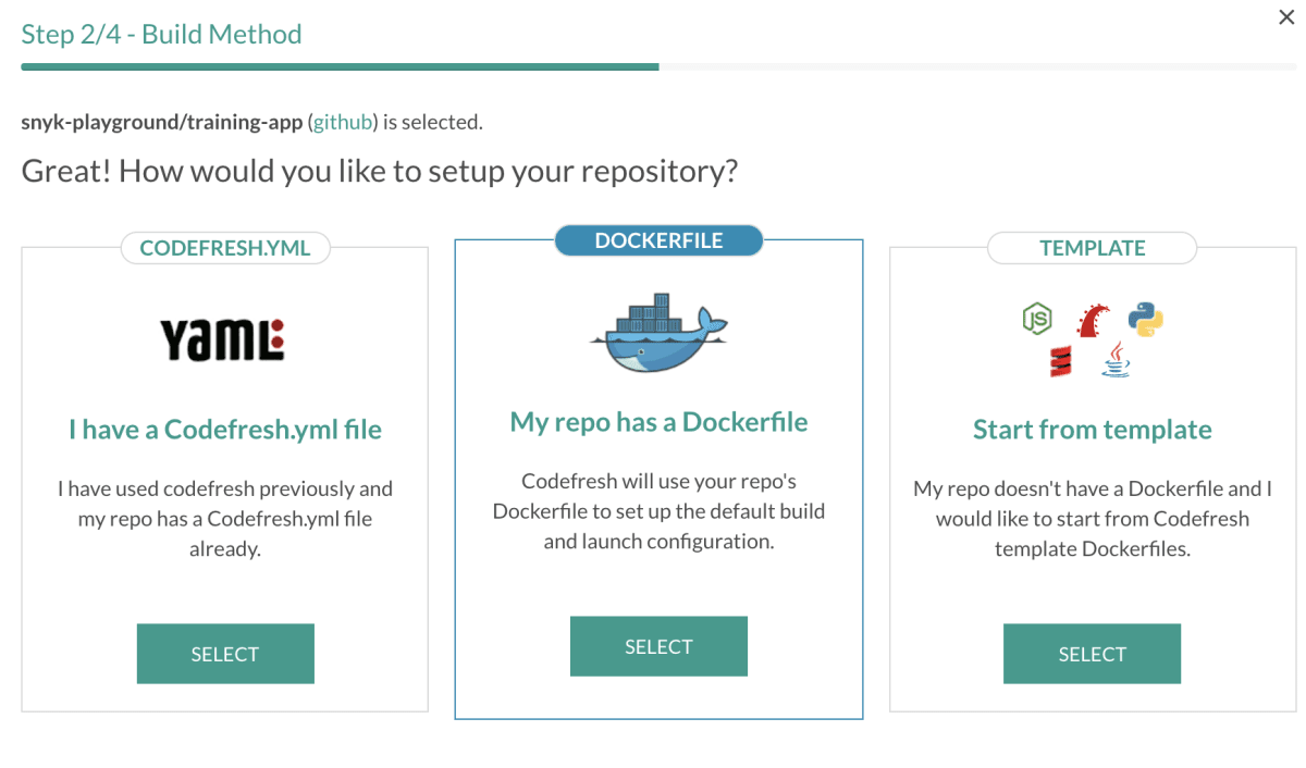 Codefresh setup screen showing three repository build method options: Codefresh.yml, Dockerfile, and template, with Dockerfile selected.