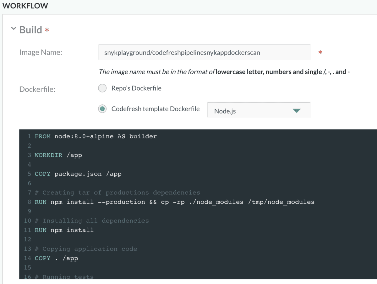 Workflow build form showing a Node.js Codefresh template Dockerfile with image name and Docker commands.