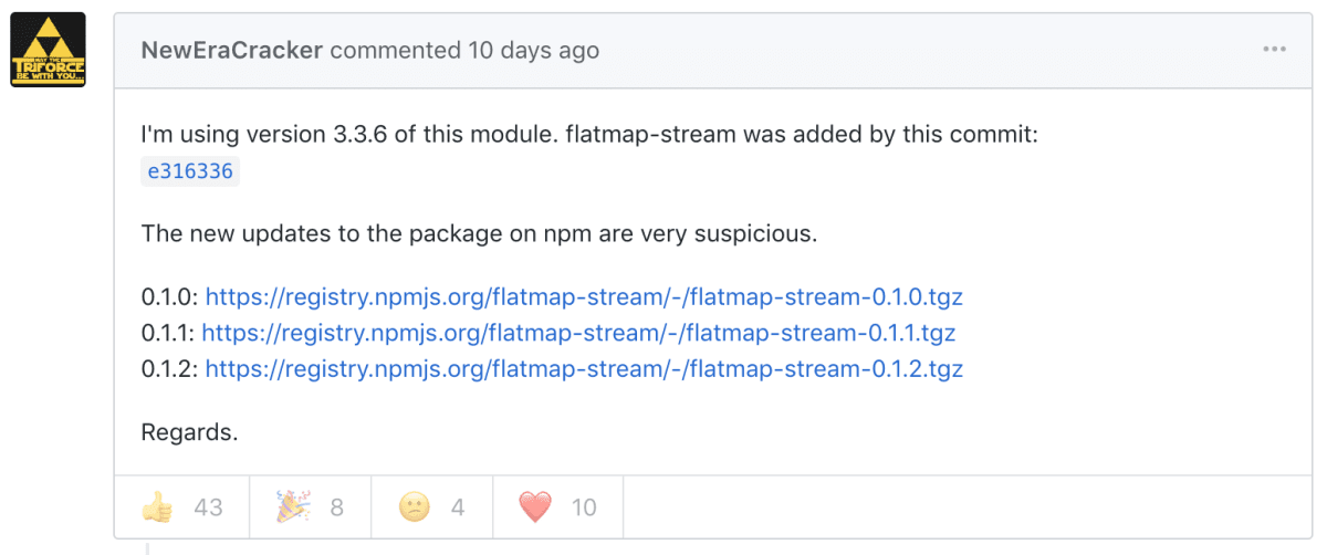 Screenshot of a comment noting suspicious npm updates to flatmap-stream versions 0.1.0, 0.1.1, and 0.1.2.