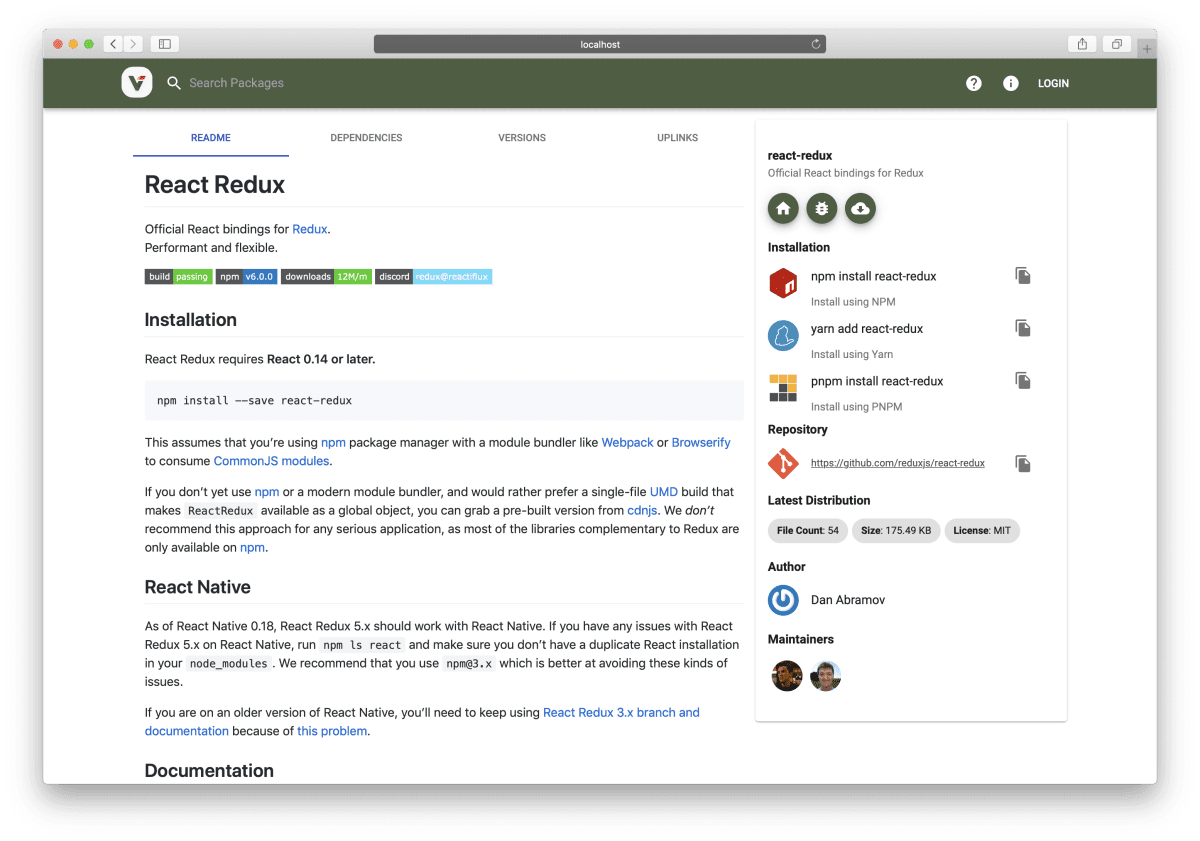 Verdaccio-Paketregister mit der React-Redux-Paketseite: Installationsbefehle, Abhängigkeiten, Versionen, Repository und Distributionsdetails.