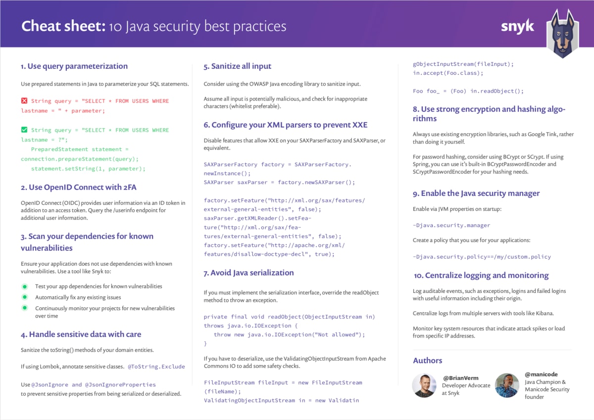 Cheat-Sheet zu Best Practices für Java-Sicherheit mit 10 Maßnahmen, darunter Eingabebereinigung, Dependency-Scanning, Verschlüsselung und Protokollierung