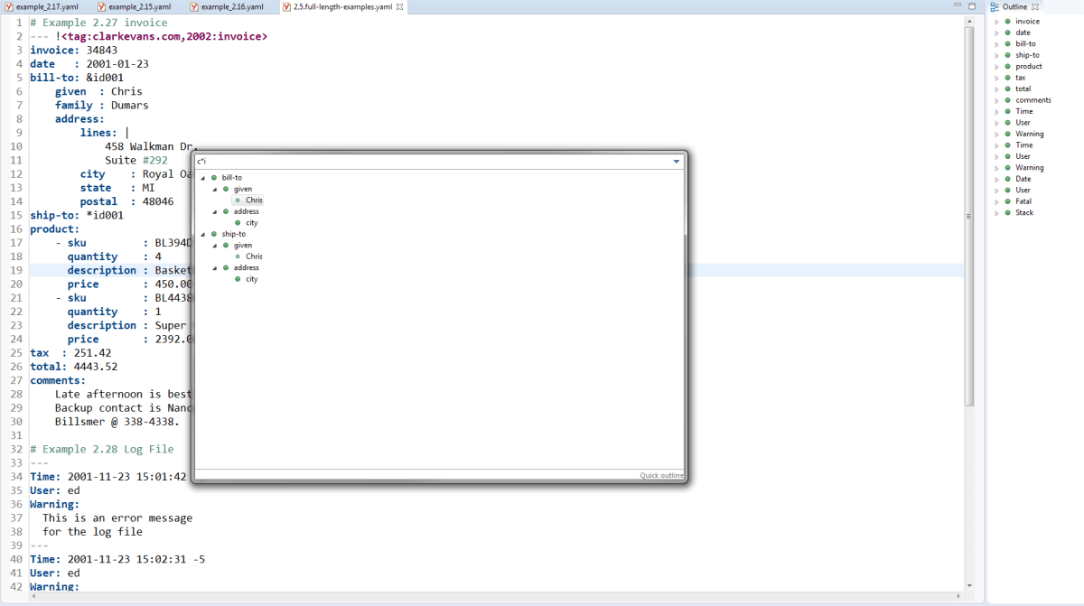 XML editor displaying an invoice document with billing and shipping details, product lines, totals, comments, and a floating outline panel.