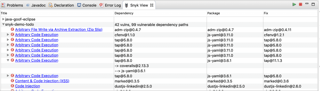 Snyk View vulnerability report showing dependency issues, packages, and available fixes in a tabular interface