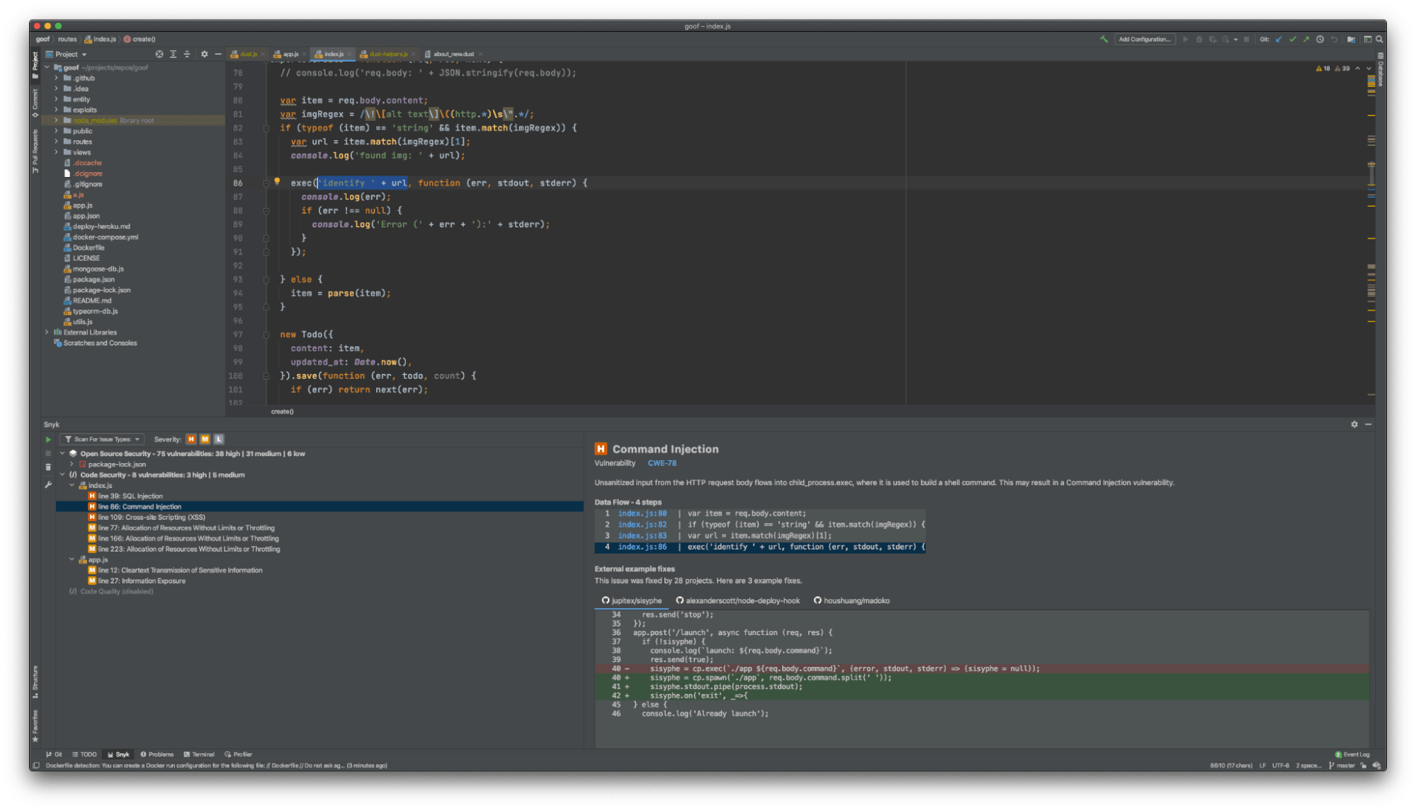 Editor de código exibindo uma vulnerabilidade de injeção de comandos em JavaScript identificada pelo Snyk, com o fluxo de dados e exemplos de correção
