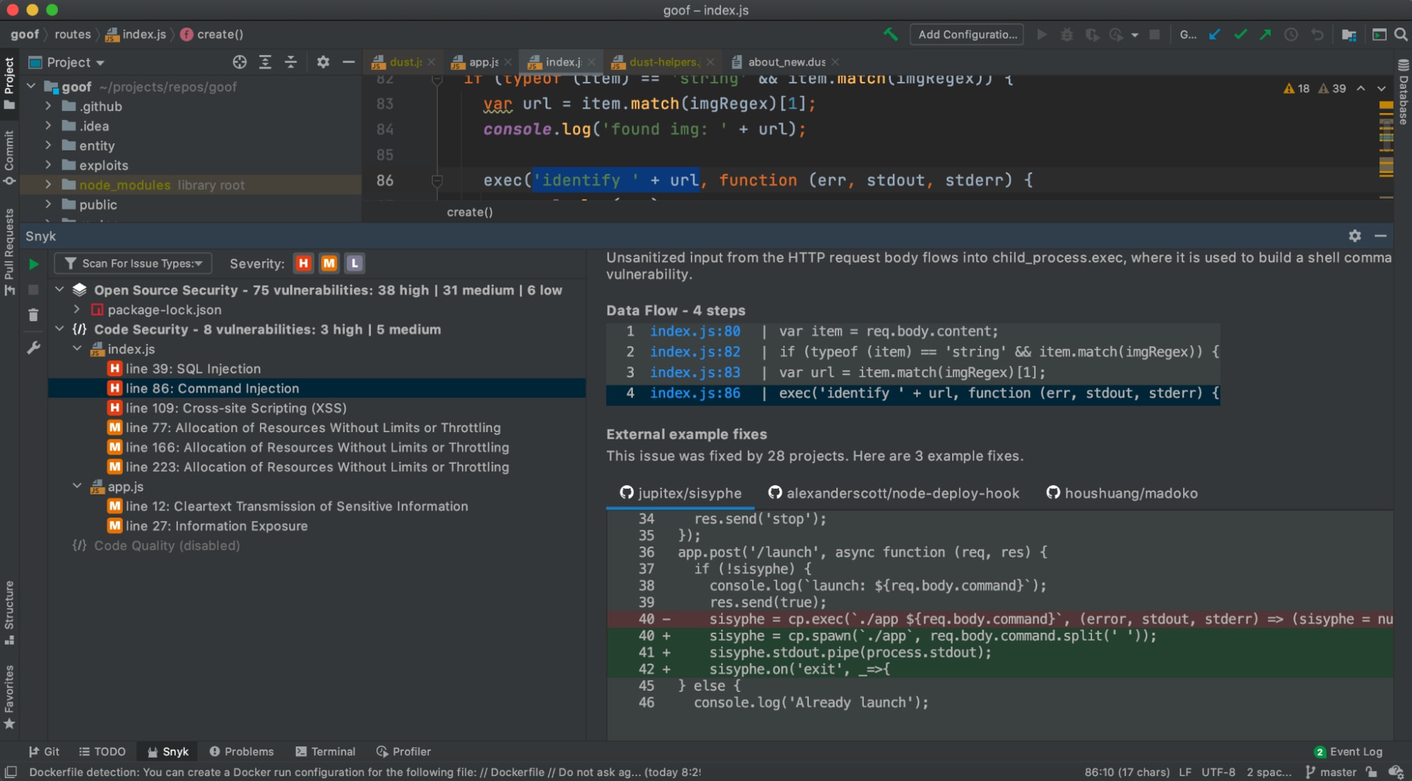 Análise de segurança do Snyk em um editor de código, mostrando vulnerabilidades em JavaScript, análise do fluxo de dados e exemplos de correções para injeção de comandos.