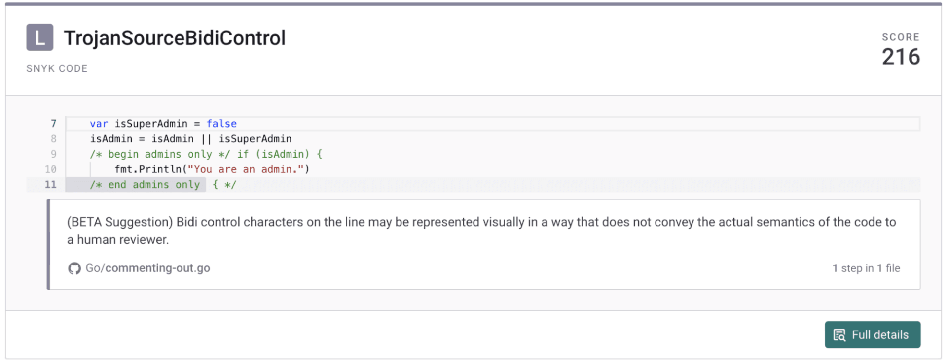 Aviso do Snyk Code sobre TrojanSourceBidiControl, exibindo código Go e uma mensagem sobre caracteres de controle bidirecional que podem ocultar a semântica do código.