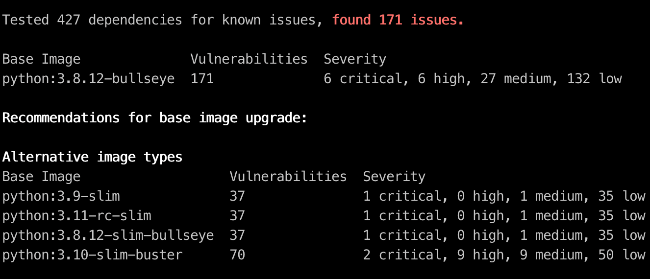 Terminal output reports 171 vulnerabilities in python:3.8.12-bullseye and compares vulnerability counts for alternative Python base images.