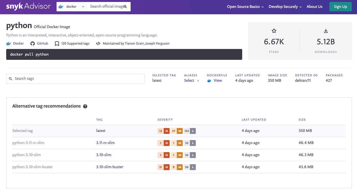 Snyk Advisor page for the official Python Docker image, showing the docker pull command and alternative tag recommendations with severity, update, and size data