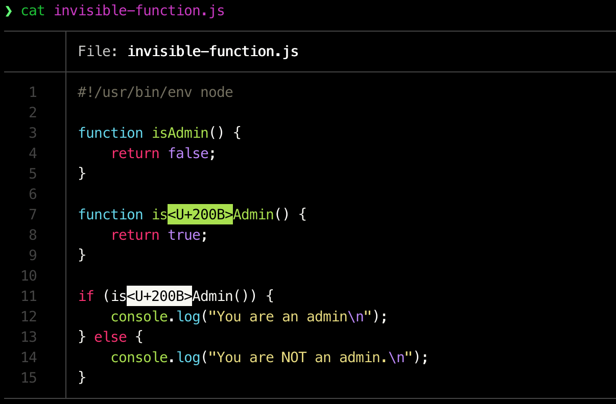 不可視のUnicode文字を使った、見た目がよく似た関数名を示すJavaScriptコード。一方はfalseを返し、もう一方はtrueを返します。