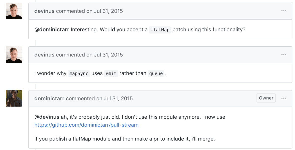 GitHub discussion about accepting a flatMap patch and why mapSync uses emit rather than queue, with a pull-stream link.