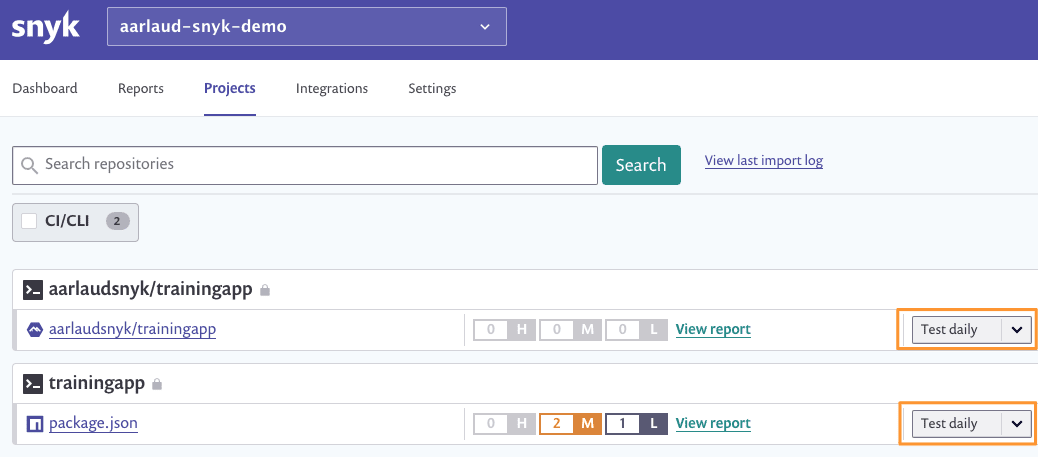 Snyk Projects dashboard showing two repositories with vulnerability counts and Test daily dropdowns