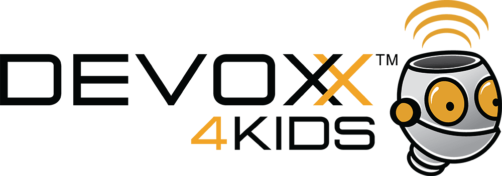 Devoxx 4 Kids logo with stylized robot mascot and wireless signal symbol