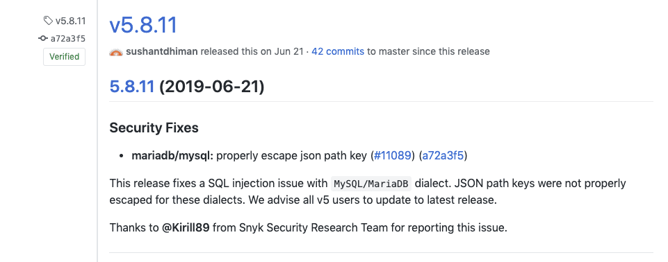 GitHub release page for Sequelize v5.8.11 showing a security fix for SQL injection in MySQL/MariaDB JSON path keys