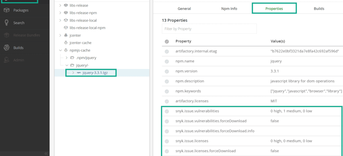 Artifact repository interface showing jQuery 3.3.1 package properties, including vulnerability and license scan results