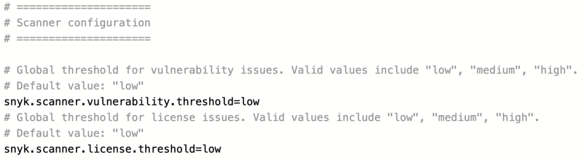 Code snippet showing Snyk scanner configuration with vulnerability and license thresholds set to low