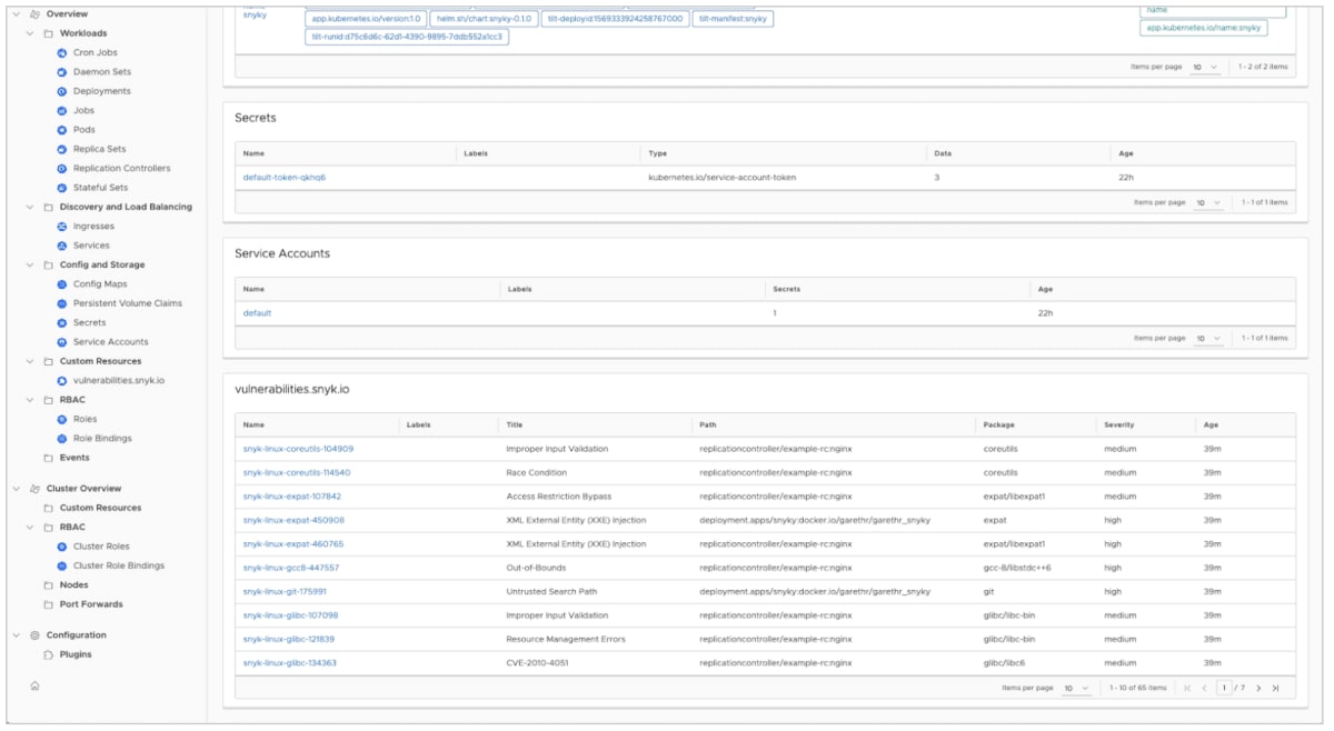 Kubernetes dashboard showing workload details, service accounts, secrets, and a vulnerabilities.snyk.io table of security findings
