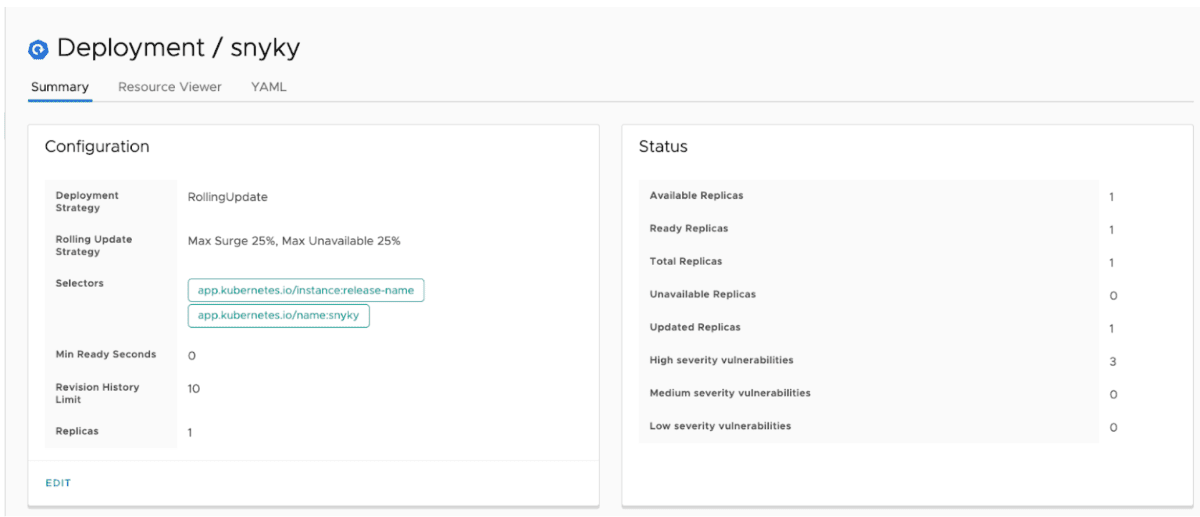 Kubernetes dashboard showing the “Deployment / snyky” configuration and status, including one replica and three high-severity vulnerabilities.