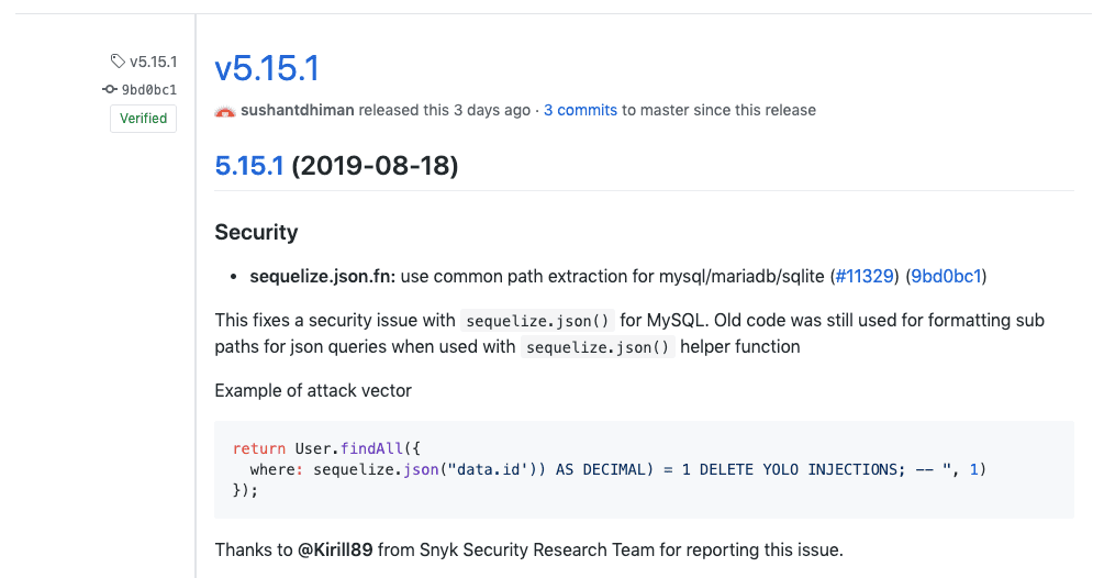 Screenshot of a v5.15.1 release note describing a Sequelize JSON SQL injection security fix and showing an example attack vector.