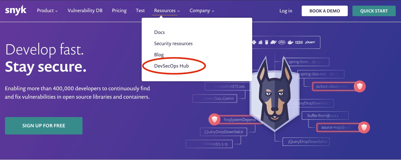 Snyk website homepage showing the Resources menu open with “DevSecOps Hub” circled in red.