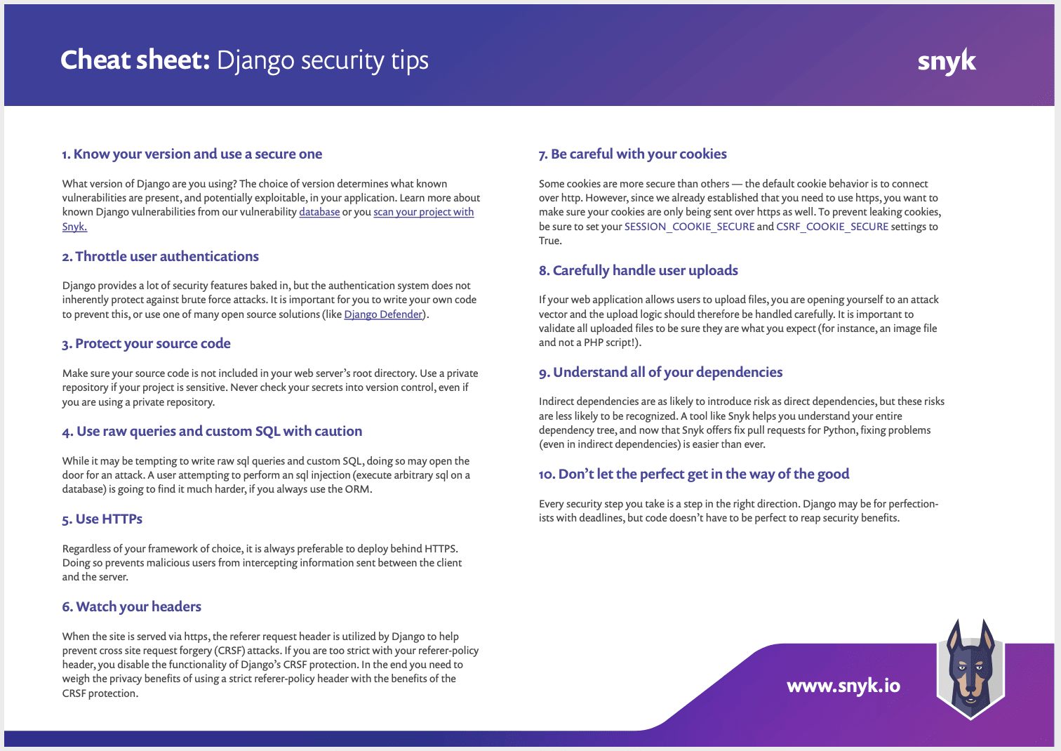 Cheat sheet listing 10 Django security tips, including secure versions, authentication, SQL, cookies, uploads, and dependencies.