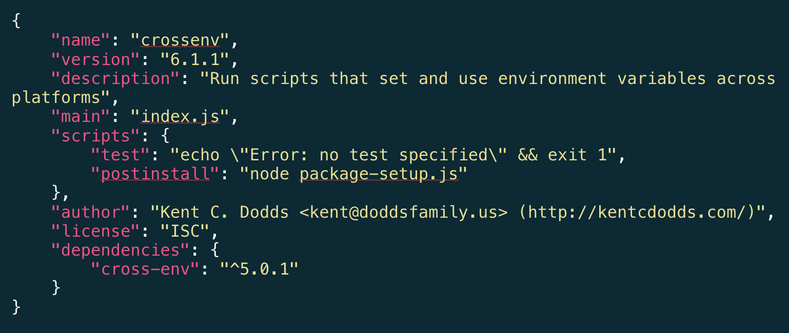 Code snippet showing the cross-env package.json configuration, version 6.1.1, scripts, author, license, and dependency details.