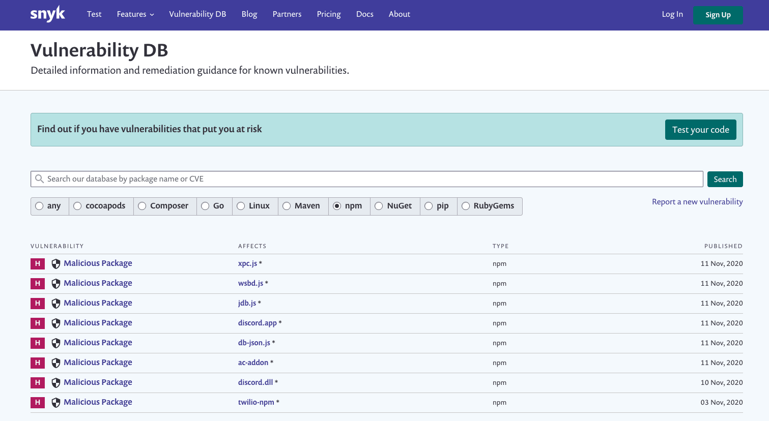 Snyk Vulnerability DB page showing a vulnerability search bar, package filters, and a list of malicious npm packages.