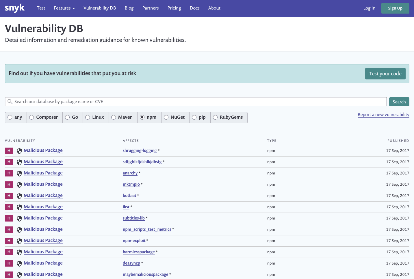 Snyk Vulnerability DB webpage showing a search bar, package filters, and a list of malicious npm packages published 17 Sep, 2017