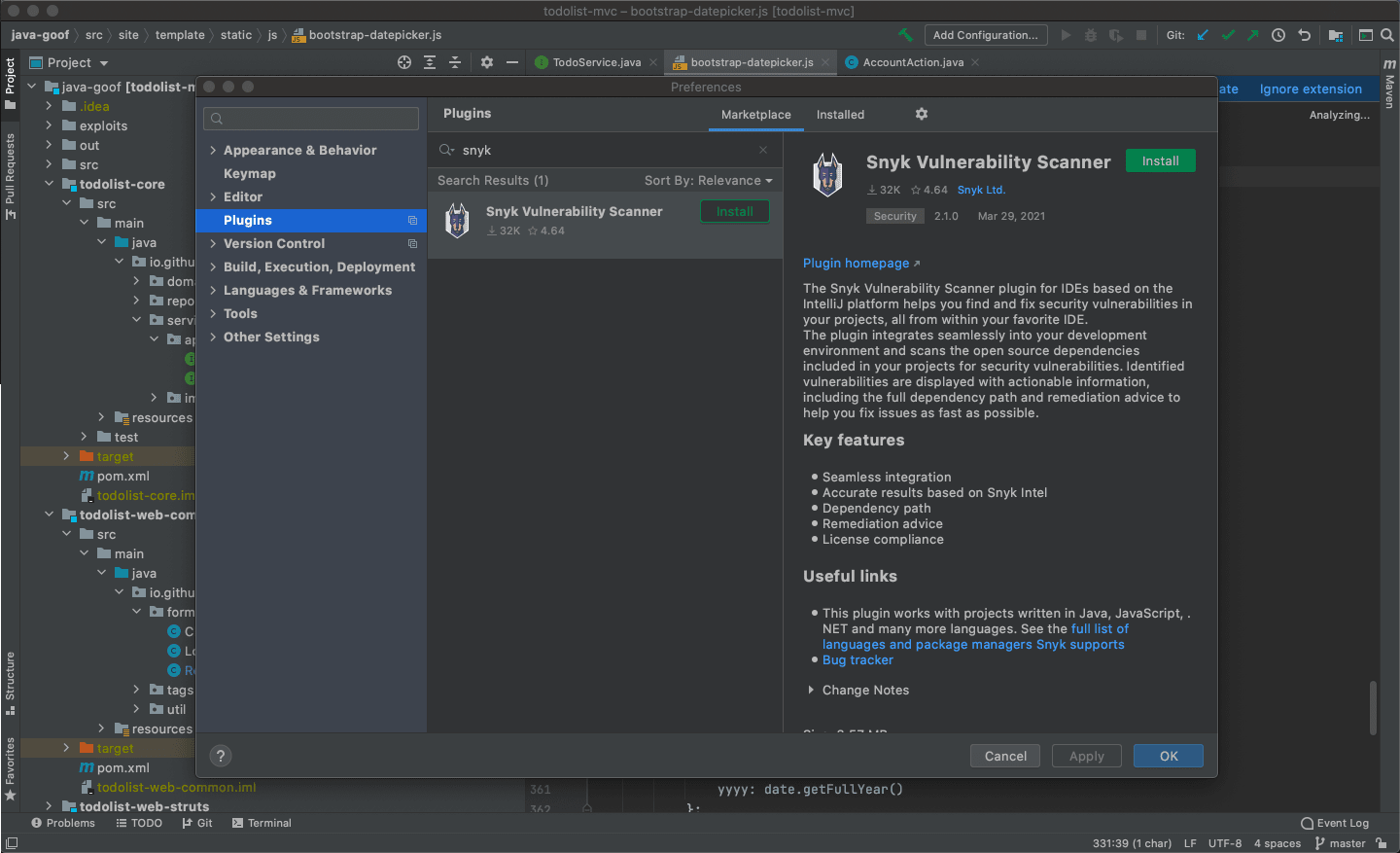 IntelliJ IDEAのプラグインマーケットプレイスに、説明と「インストール」ボタンが表示されたSnyk Vulnerability Scannerプラグイン