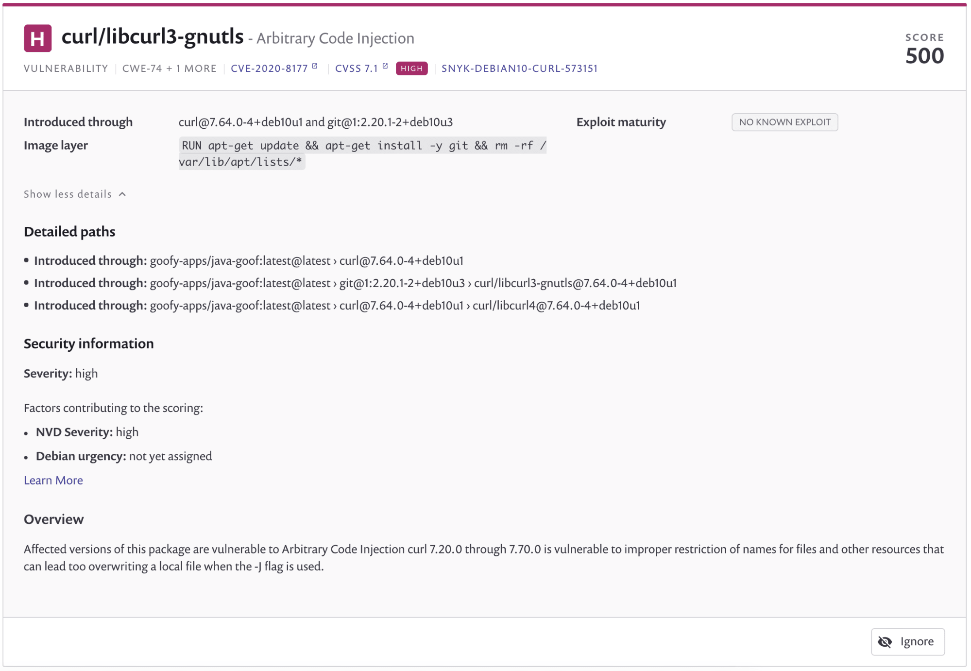 Detalles de vulnerabilidades de Snyk para curl/libcurl3-gnutls, que muestran una vulnerabilidad de inyección de código arbitrario de gravedad alta con CVE-2020-8177.
