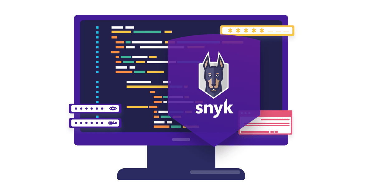 Illustration de code affiché sur un écran d’ordinateur, avec un bouclier de sécurité Snyk, des champs de mot de passe et des alertes d’erreur