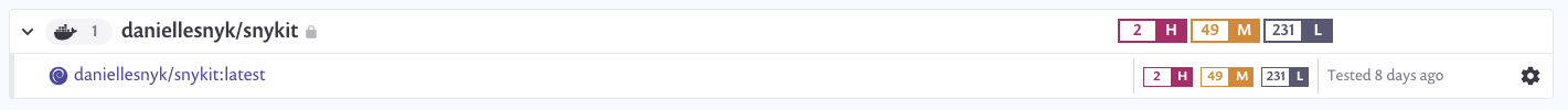 Snyk interface showing the scanned daniellsnyk/snykit:latest container with vulnerability counts and a scan timestamp