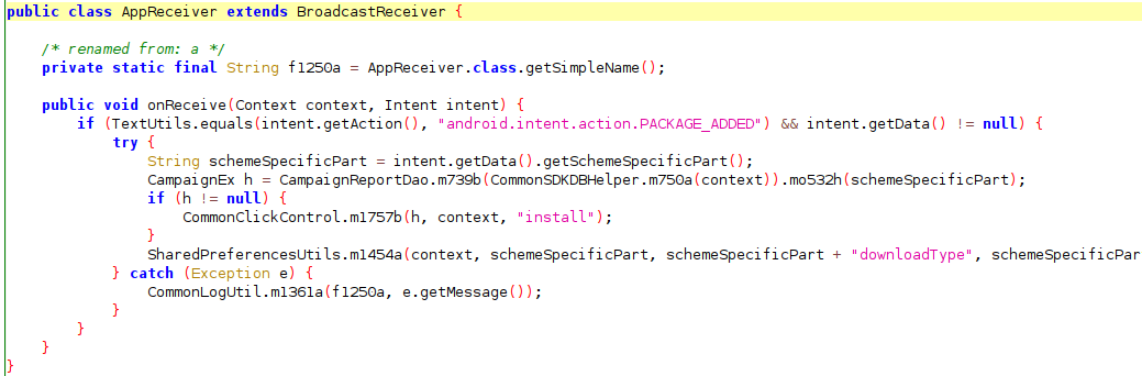 Java code showing the AppReceiver onReceive() method handling PACKAGE_ADDED intents in the mIntegral SDK.