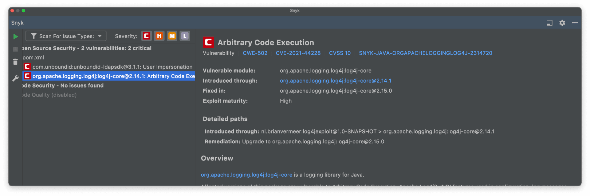 Tableau de bord des vulnérabilités Snyk présentant une faille d’exécution de code arbitraire dans Apache Log4j Core, avec le CVE-2021-44228 et des recommandations de mise à niveau pour y remédier