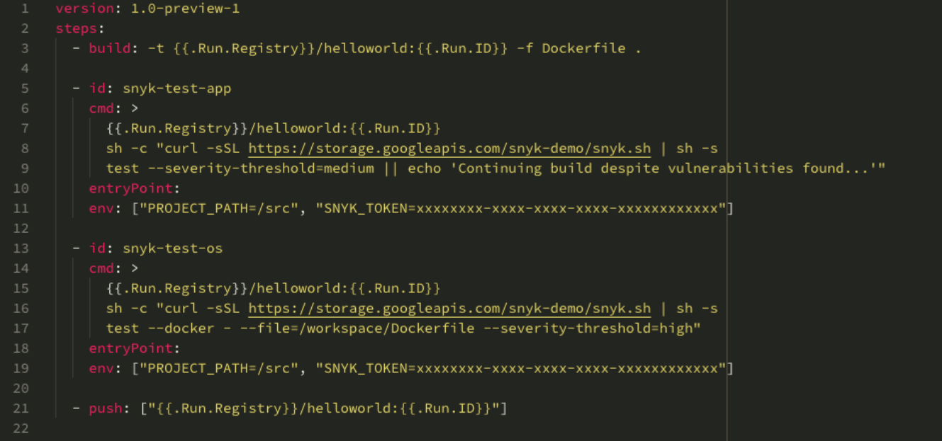 Editor de código con tema oscuro que muestra una canalización de compilación YAML con comandos de imagen de Docker, pruebas de vulnerabilidades de Snyk, variables de entorno y un paso para enviar la imagen.