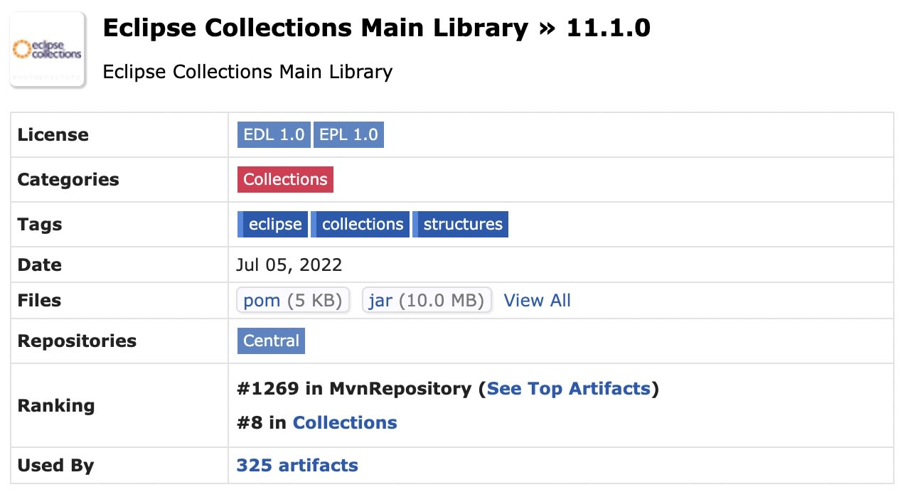 Eclipse Collections Main Library バージョン 11.1.0 の MvnRepository ページ。ライセンス、タグ、ファイル、リポジトリ、ランキング、使用状況を表示。