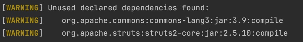未使用の宣言済み依存関係を示すターミナルの警告：Apache Commons Lang 3.9、Apache Struts 2.5.10。