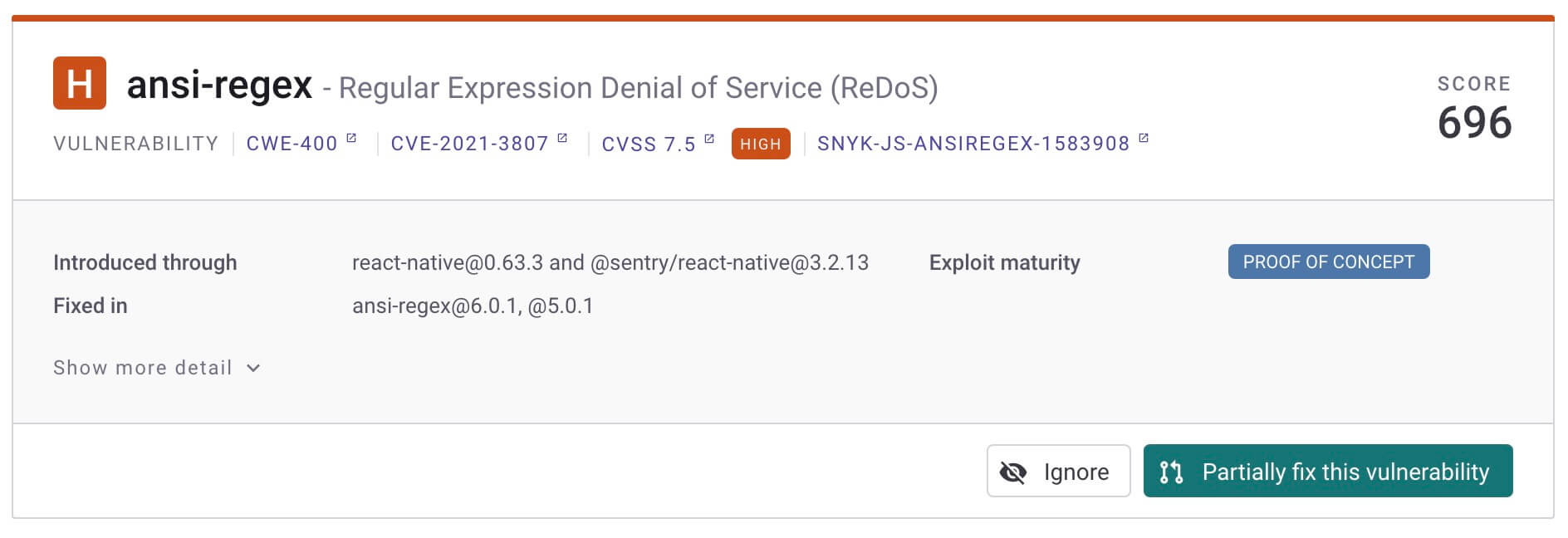 Security vulnerability report for ansi-regex showing a high-severity Regular Expression Denial of Service (ReDoS) issue and affected versions.
