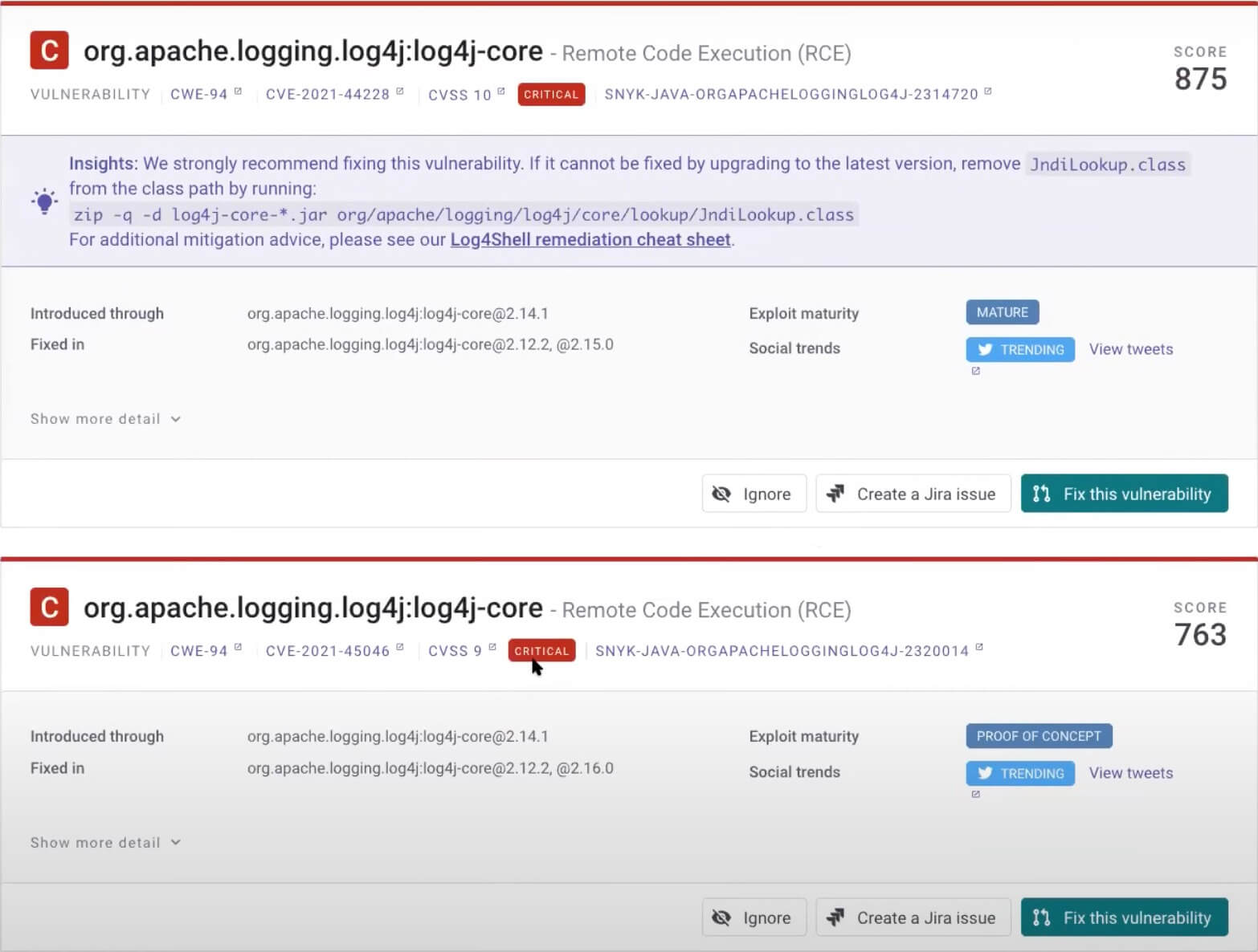 Security dashboard showing two critical Apache Log4j remote code execution vulnerabilities, with scores 875 and 763.