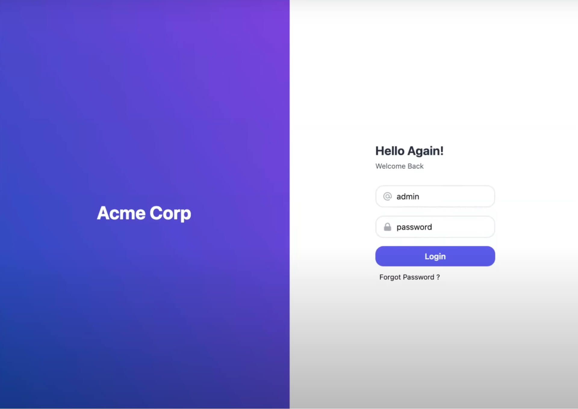 Acme Corp login screen displaying username and password fields, a Login button, and a Forgot Password link.