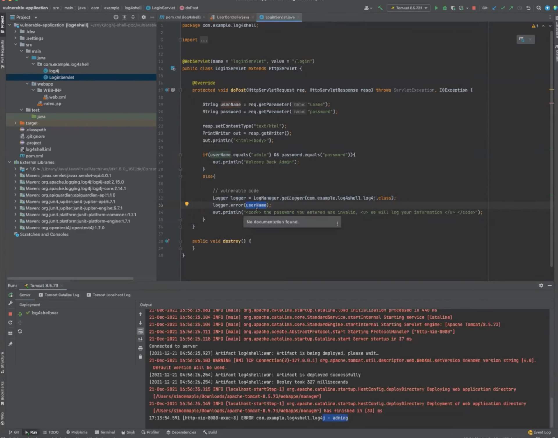 IntelliJ IDEA displays a Java login servlet with vulnerable Log4j logging code and Apache Tomcat deployment logs.