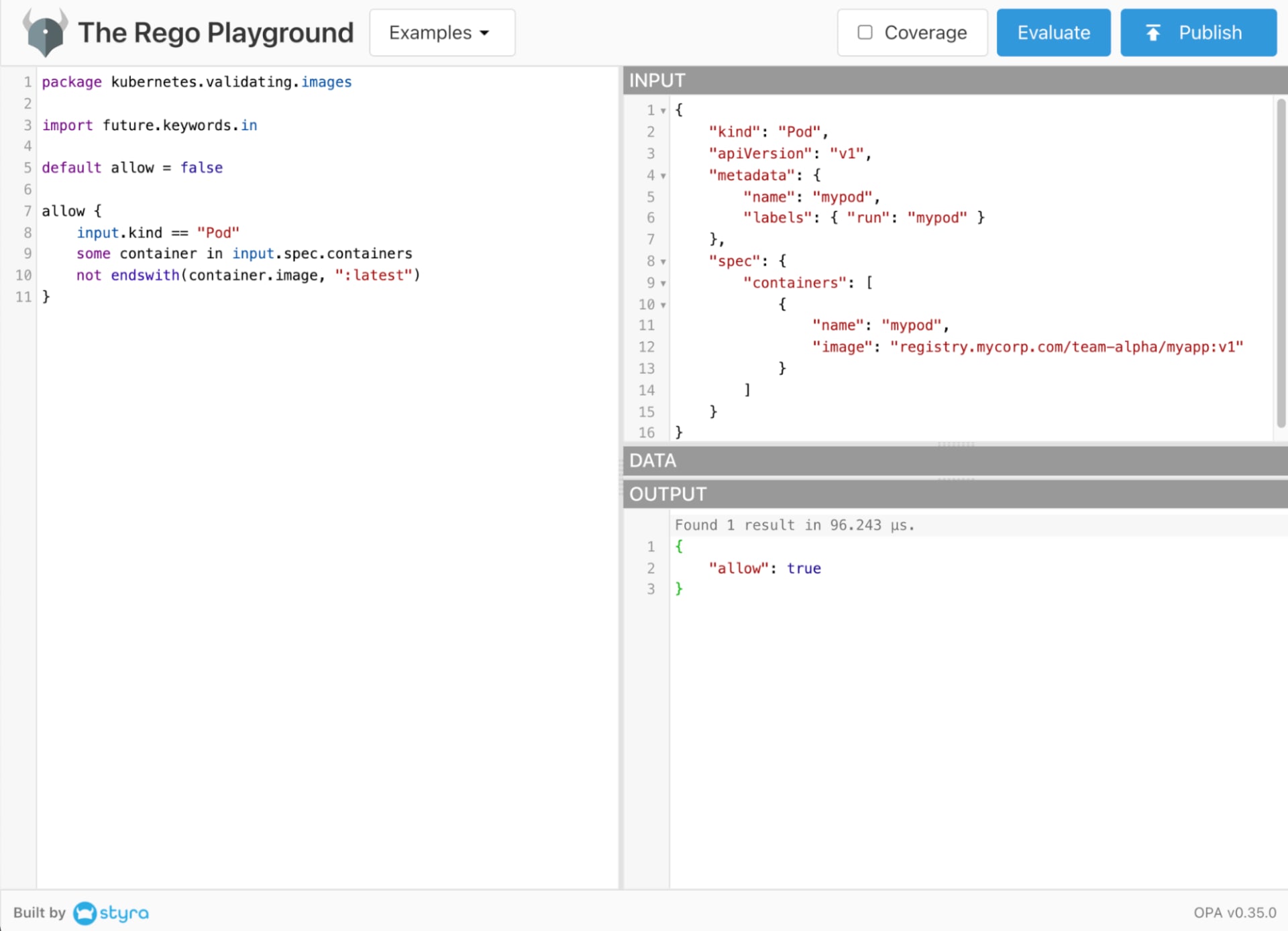 Die Rego-Playground-Oberfläche zeigt eine Kubernetes-Image-Validierungsrichtlinie, eine Pod-JSON-Eingabe und eine Ausgabe mit „allow: true“