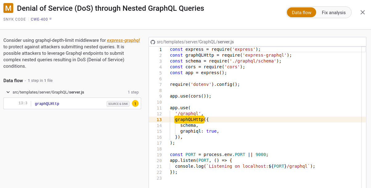 Écran d’analyse de code intitulé « Déni de service (DoS) par requêtes GraphQL imbriquées », mettant en évidence une configuration graphqlHTTP dans server.js.