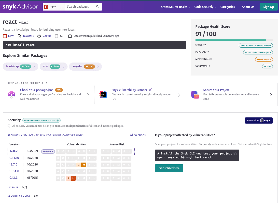 Page Snyk Advisor du package npm React présentant un score de santé du package de 91/100, son statut de sécurité, des packages similaires et des détails sur les vulnérabilités.