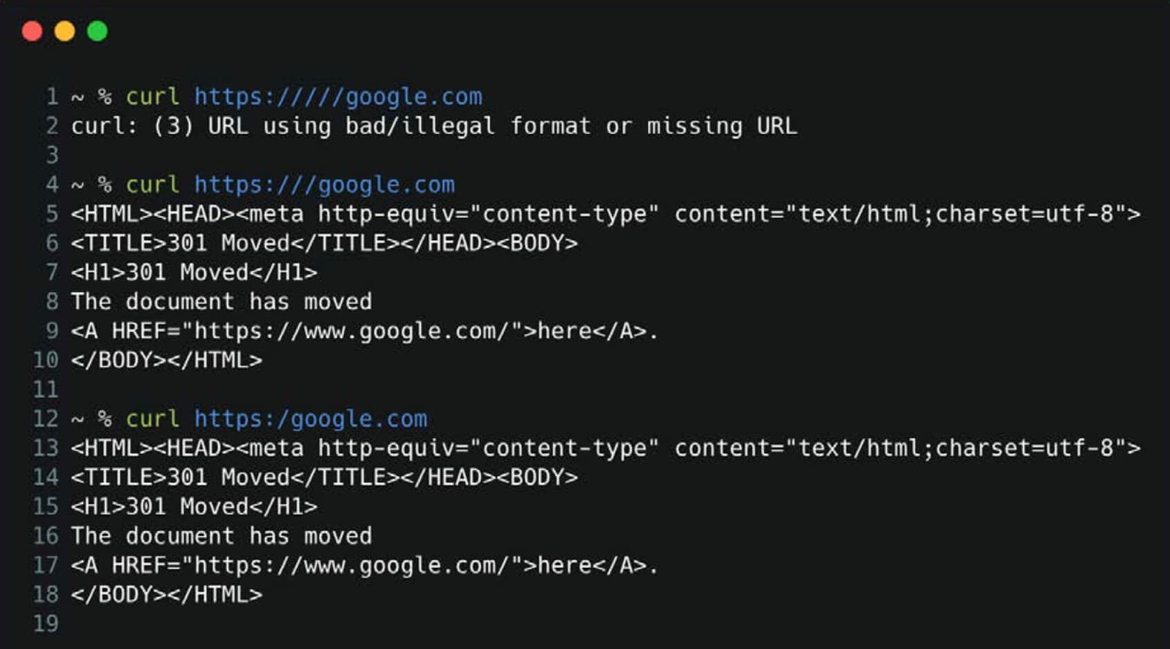 Terminal showing curl commands with malformed and corrected Google URLs, a URL format error, and 301 Moved responses.