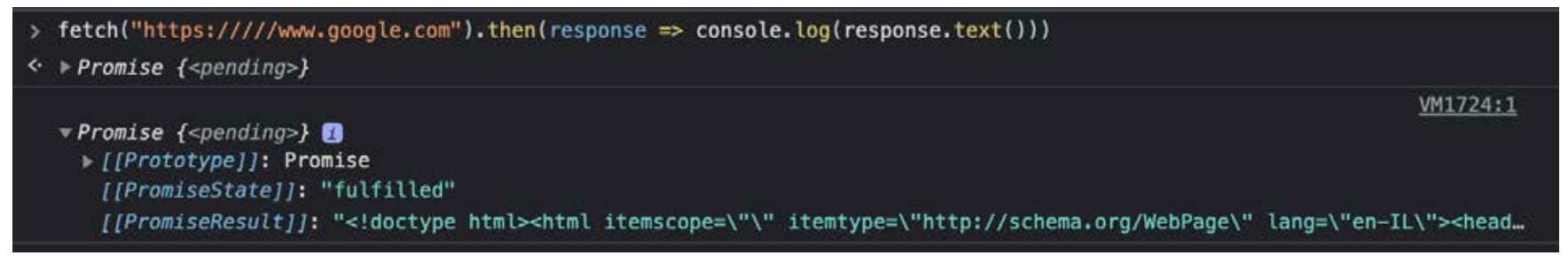 Browser console showing a fetch request to https://www.google.com and a fulfilled Promise containing an HTML response.