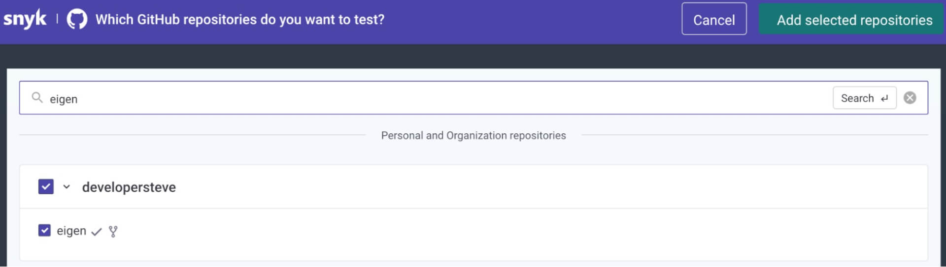 Snyk GitHub repository selection screen with “eigen” searched and the “eigen” repository selected under developersteve.